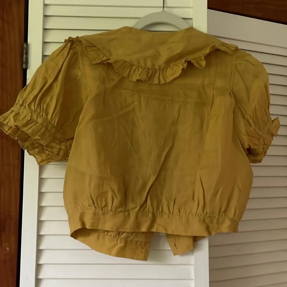Doen Mustard Ruffle Collar Puff Sleeve Blouse - Picture 2 of 5